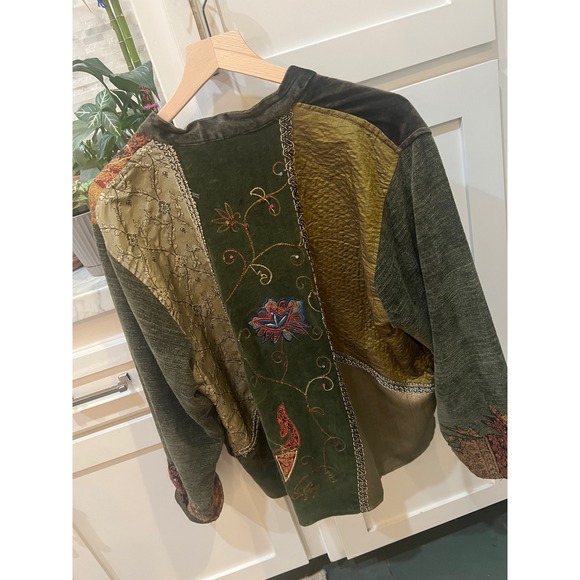 Flashback Vintage Patchwork Velvet  Brocade Artsy  Embroidered Jacket Green L - Picture 6 of 7
